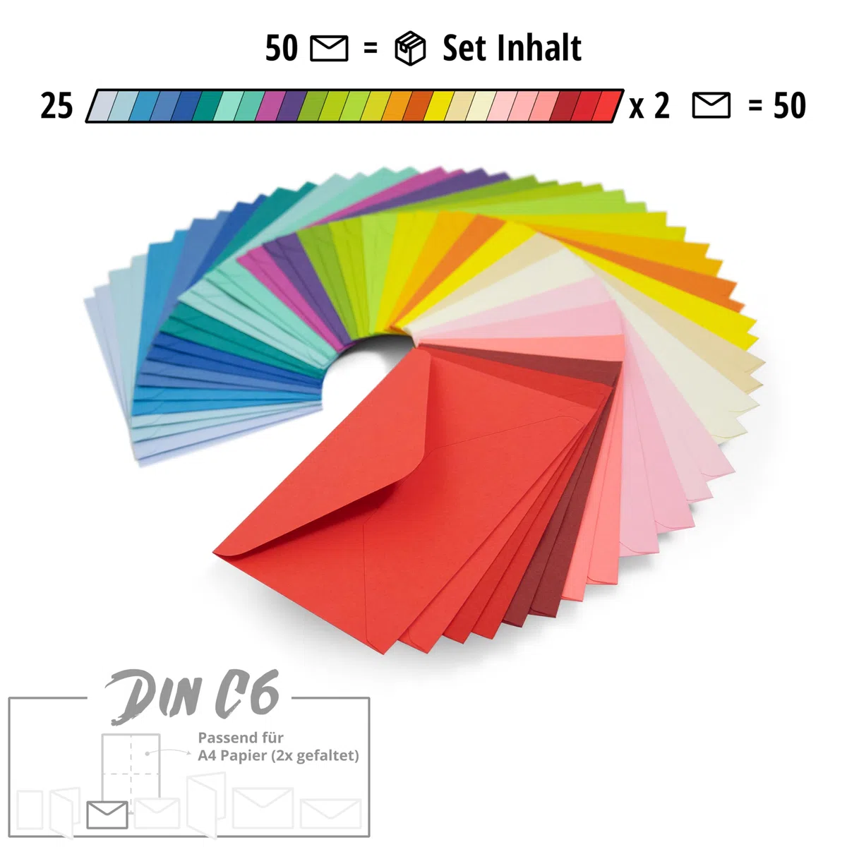 Japun – 50 farbige Briefumschläge im Set (2 x 25 Farben) aus Papier, Kuvert, Umschlag ohne Fenster - din C6-162 x 114 mm - 120 g/m² - bunt