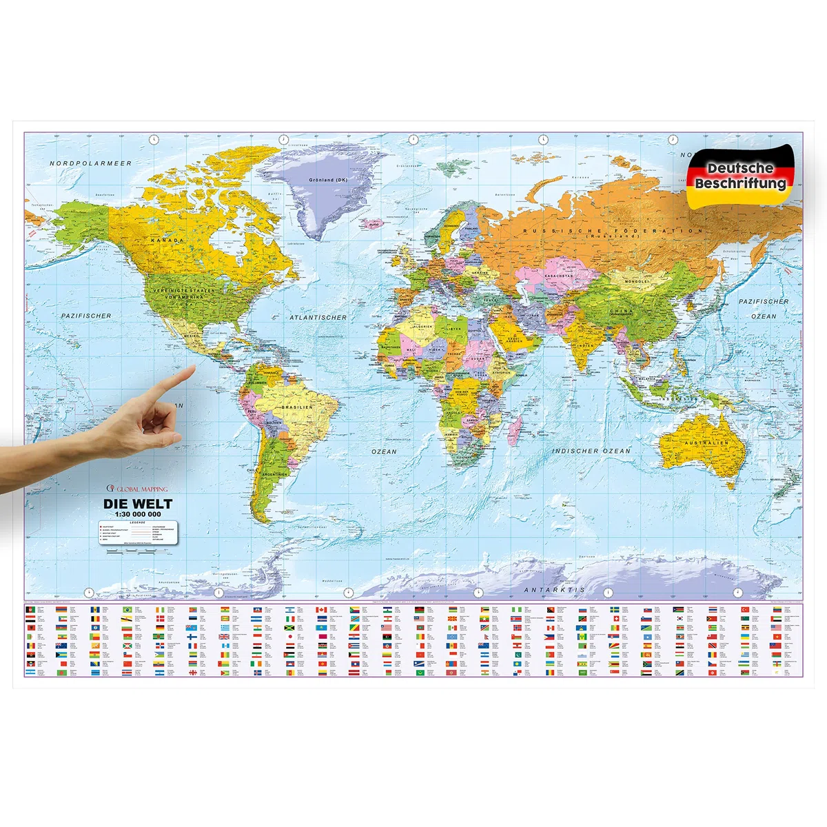 ORBIT Globes & Maps - Weltkarte XXL - Top-Aktuell 2026, deutsch, 136 x 96 cm, Maßstab 1:30 Mio mit seidenmattem Schutzlack inkl. Flaggenleiste