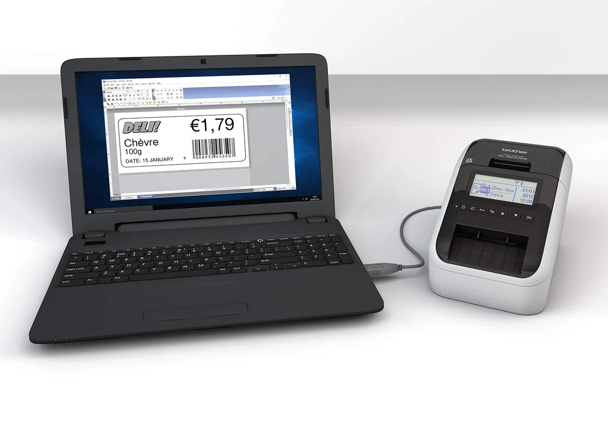 Brother QL-820NWB Netzwerk-Etikettendrucker (mit Rot-Schwarz-Druckfunktion, Schnittstellen: USB, WLAN, LAN, Bluetooth; beleuchtetes Grafik-LCD), grau