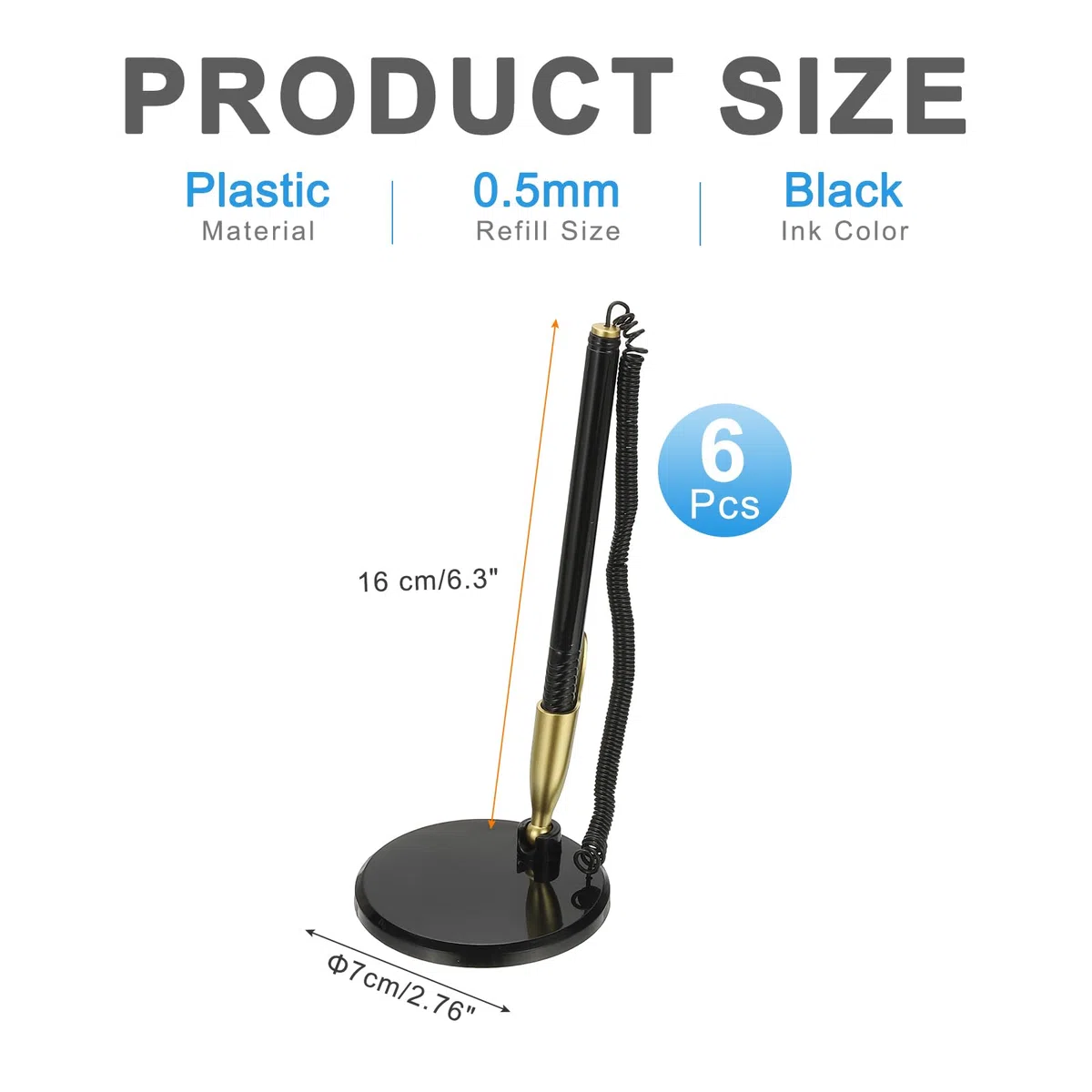 PATIKIL 6Pcs Sicherheitsstift mit Klebebandkette & Sicherheitsstifthalter, Empfangstresenstifte Schreibtischstift Nachfüllungen in Schwarz für Büro Zuhause, Flache Basis, Schwarz Gold