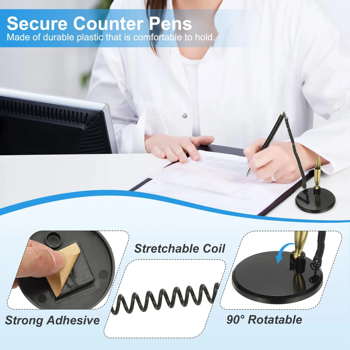 PATIKIL 6Pcs Sicherheitsstift mit Klebebandkette & Sicherheitsstifthalter, Empfangstresenstifte Schreibtischstift Nachfüllungen in Schwarz für Büro Zuhause, Flache Basis, Schwarz Gold