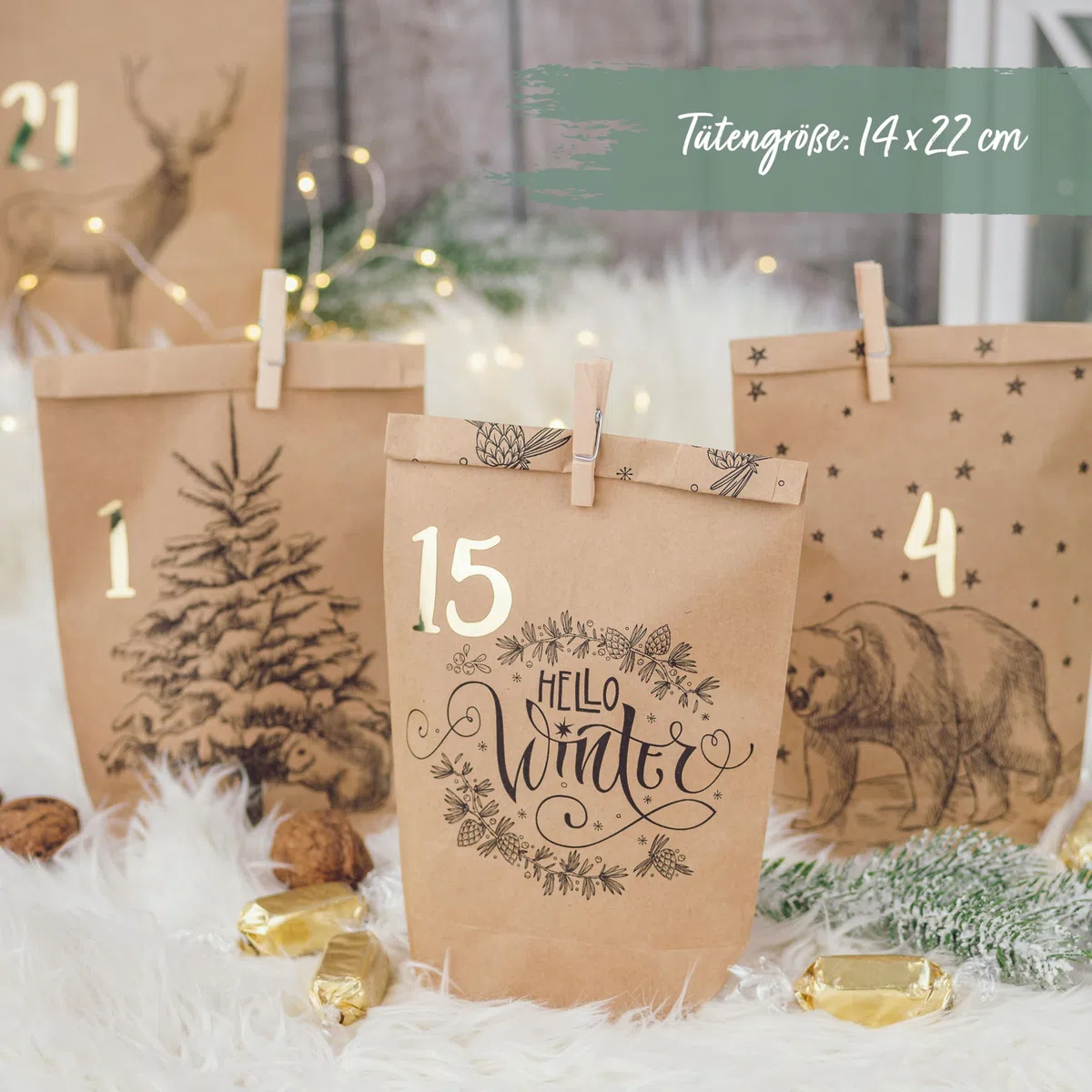 Papierdrachen Adventskalender 2025 zum Befüllen - 24 bedruckte Papiertüten mit Zahlenaufklebern & Klammern - Motiv Cozy Winter schwarz - DIY - zum Basteln