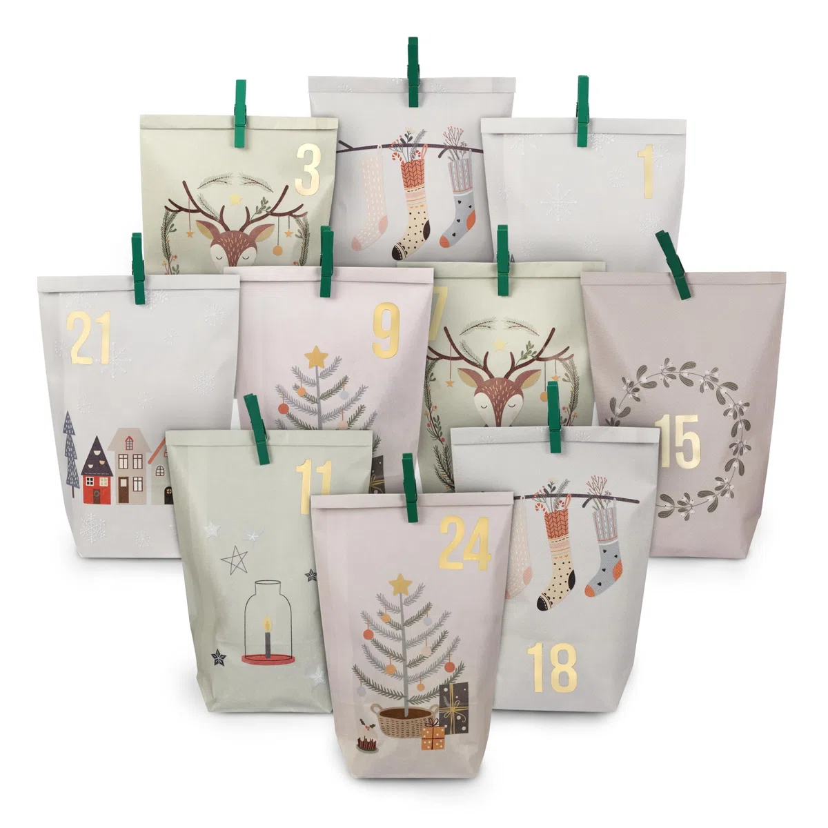 Papierdrachen Adventskalender 2025 zum Befüllen - 24 pastellfarbene Geschenktüten mit Zahlenaufklebern - Motiv Hygge - DIY - zum Basteln - Weihnachten