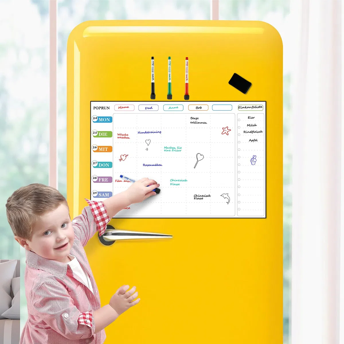 POPRUN Whiteboard Magnetisch 43 x 28 cm, Wochenplaner Abwischbar für Kühlschrank, Magnettafel als Haushaltsplaner, Essenplaner und Putzplaner für die Familie