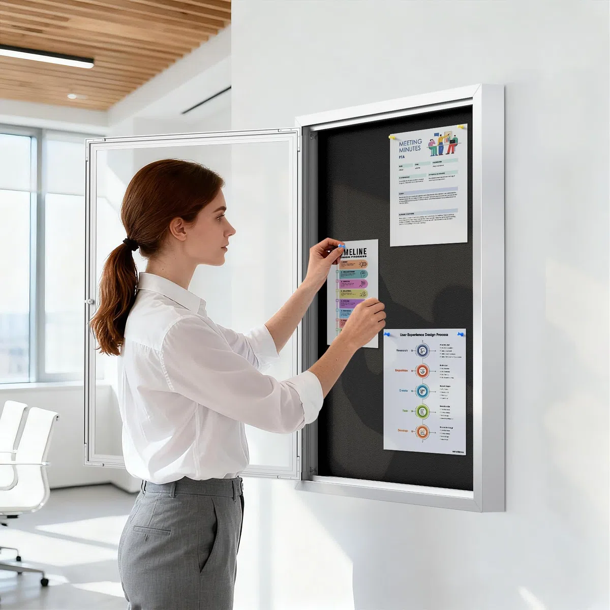 SWANCROWN Pinnwand für den Außenbereich, wetterfest, 91,4 x 61 cm, geschlossene Pinnwand mit verschließbarer Tür, Wandvitrine für Büro, Schule, Handel, Show, schwarzer Filz, silberfarbener