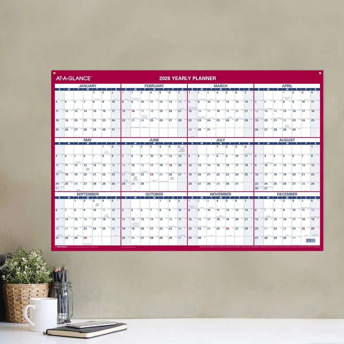 AT-A-GLANCE 2026 radierbarer Kalender, trocken abwischbarer Wandplaner, 91,4 x 61 cm, groß, vertikal, horizontal, wendbar (PM26B2826)