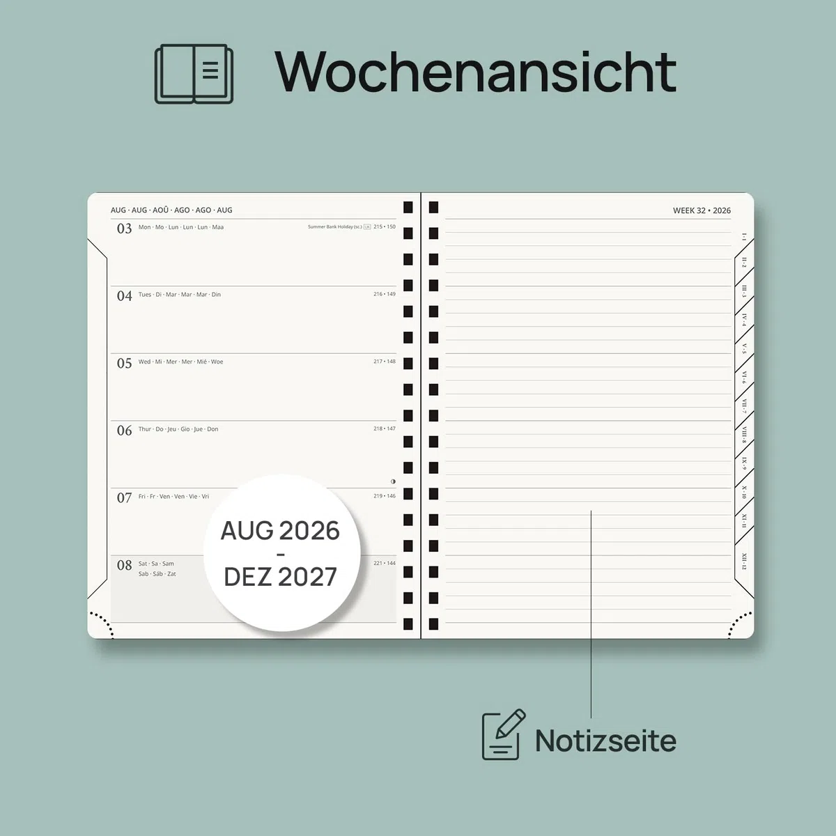 POPRUN Kalender 2026 2027 Buchkalender Notizbuch (Aug.2026-Dez.2027), ca. A5 (22 x 16,5 cm), Terminplaner, Wochenplaner Ringbuch mit Softcover, Zertifiziertem Papier (Rosa)