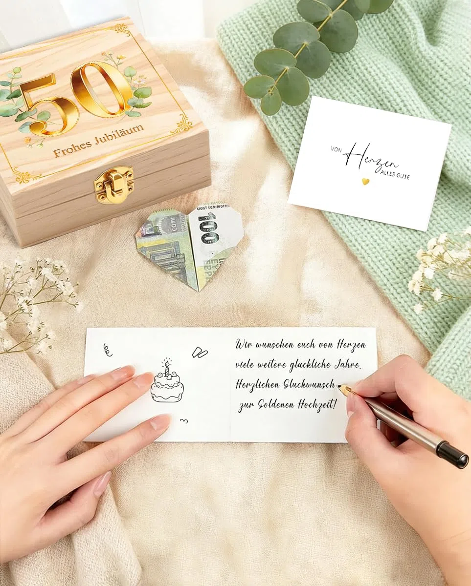 Goldene Hochzeit Geschenke, 50 Jahrestag Geschenk, Geldgeschenke Verpackung Goldene Hochzeit Geschenkbox Holz mit LED Lichterkette, Geschenke Eltern