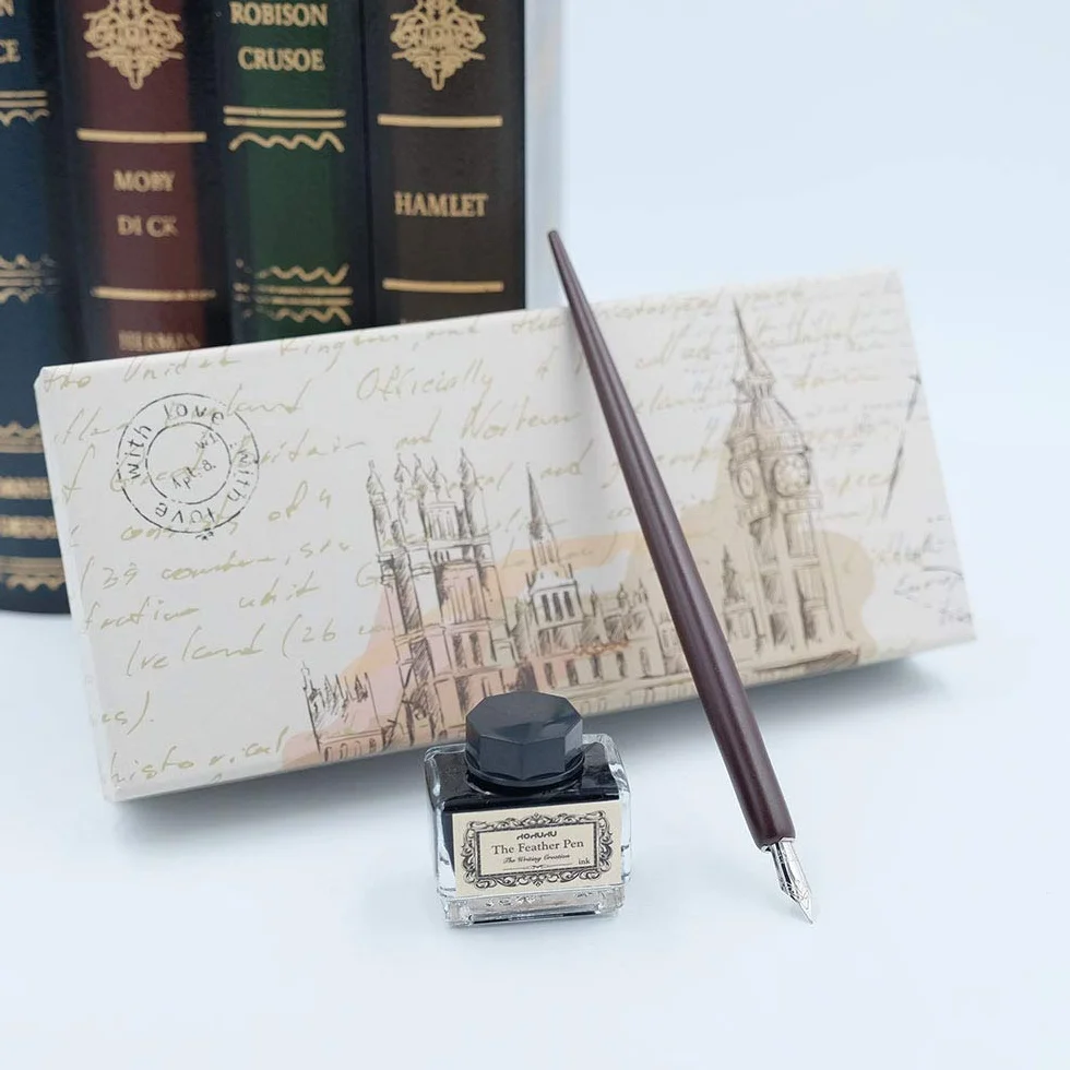 hhhouu Schönschreibfüller Holzstift Handgefertigtes Kalligraphie Set Anfänger mit Tinte und 11 Federn für Kunst, Schreiben, Unterschriften, Dekoration, Geschenk HO-Q-301