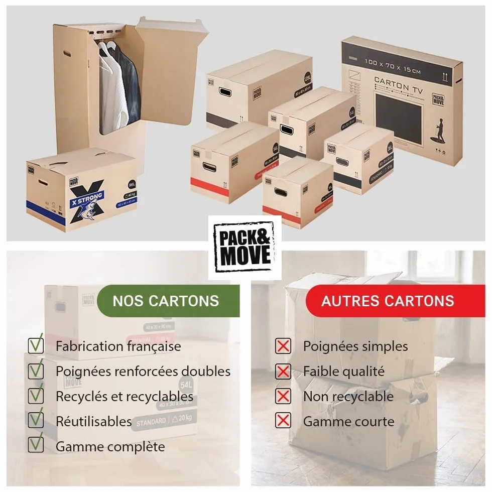 Pack and Move – Packung mit 40 XL-Aufbewahrungs-Umzugskartons – 80 x 40 x 40 cm – verstärkte Griffe – 2 gratis Kleber