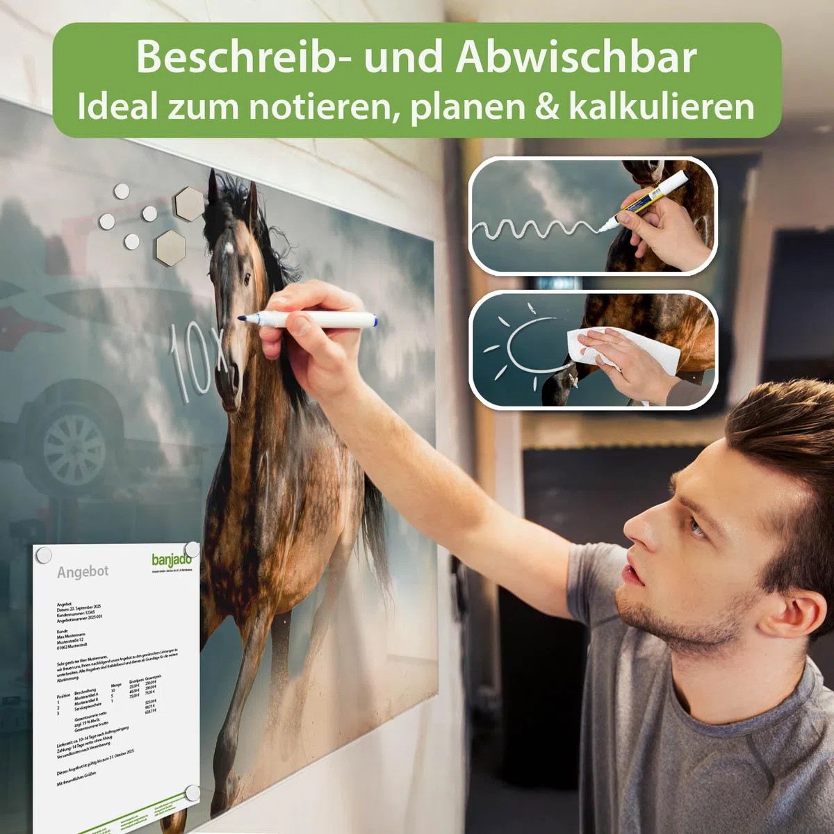 banjado Magnettafel aus Glas in 90x60cm für Notizen mit Pferdemotiv