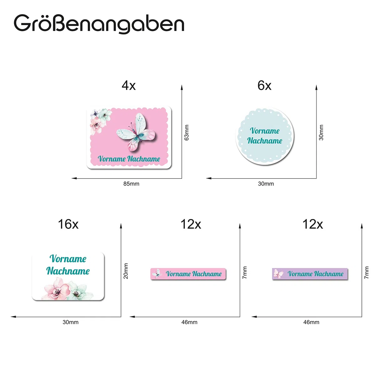 Finest Folia 50 x Namensaufkleber mit Wunschname personalisiert Aufkleber Set mit Kinder Name Beschriftung Schule Kindergarten Kleidung Sticker wasserfest (15 Schmetterlinge)