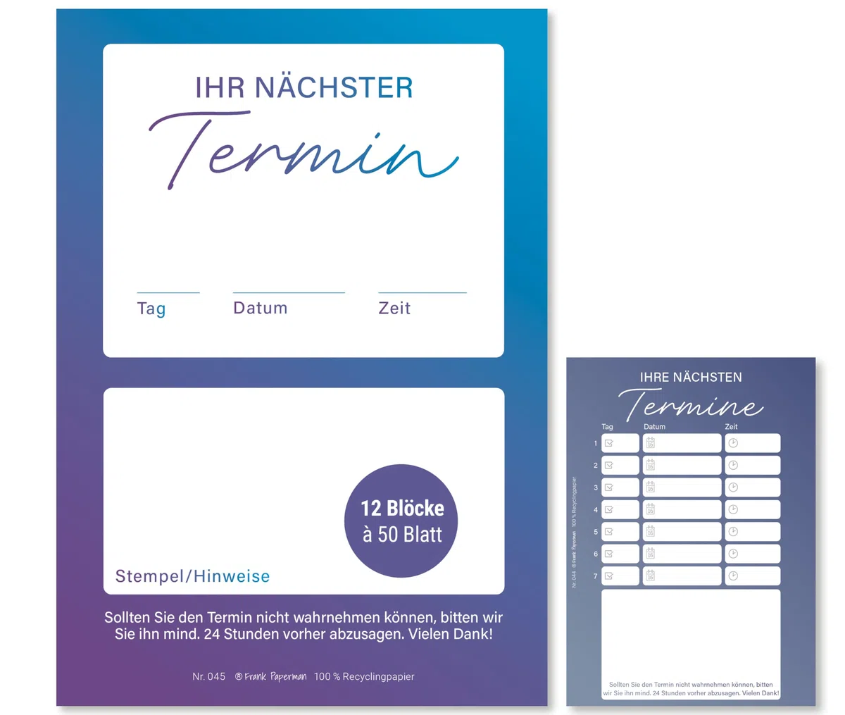 600 Terminzettel Praxis | 12 x Terminblock à 50 Blatt | blau | 1 Termine pro Zettel | für Ärzte, Heilpraktiker, Physio, Massage, Studios u.v.m.