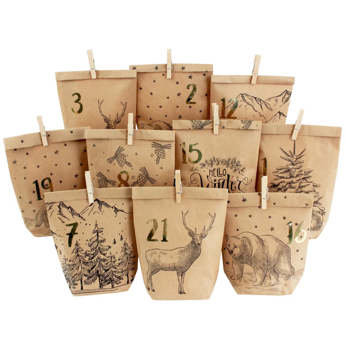 Papierdrachen Adventskalender 2025 zum Befüllen - 24 bedruckte Papiertüten mit Zahlenaufklebern & Klammern - Motiv Cozy Winter schwarz - DIY - zum Basteln