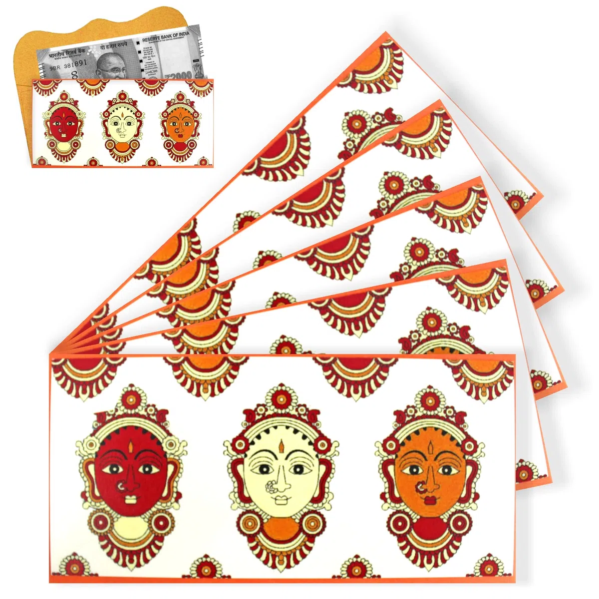 Home Genie Kalamkari Artwork of Laxmi, Saraswati & Durga Shagun Envelope for Gifting Money on Wedding & Any Other Ocassion | Milni | Engagement | Birthday | Marriage | Diwali | Rakhi (Pack of 5)