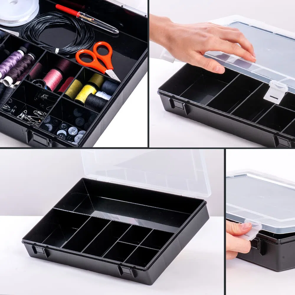 hünersdorff Sortimentskasten: stabile Sortierbox (PP-Classic) mit fester Fachaufteilung (8 Fächer), Sortierkasten-Maße: T225 x B335 x H55 mm, Made in Germany, 611710, Schwarz (Packung mit 2)