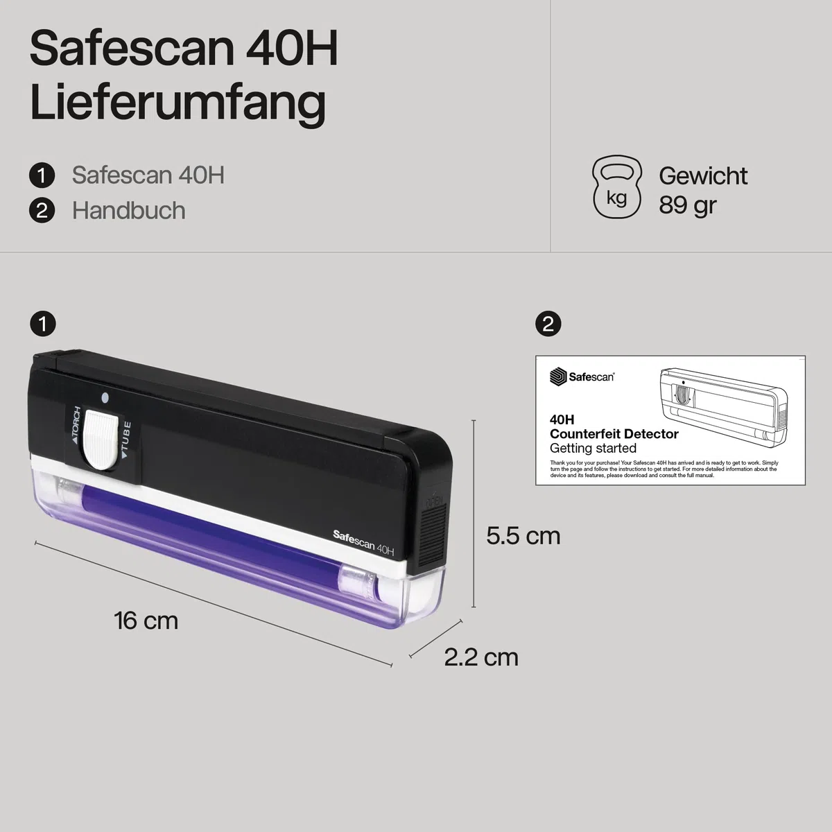 Safescan 40H tragbarer Geldscheinprüfer zu schnellen Prüfung von Banknoten, Kreditkarten und Ausweisen - Geldscheinprüfer mit UV-Licht - UV-Licht Geldscheinprüfer