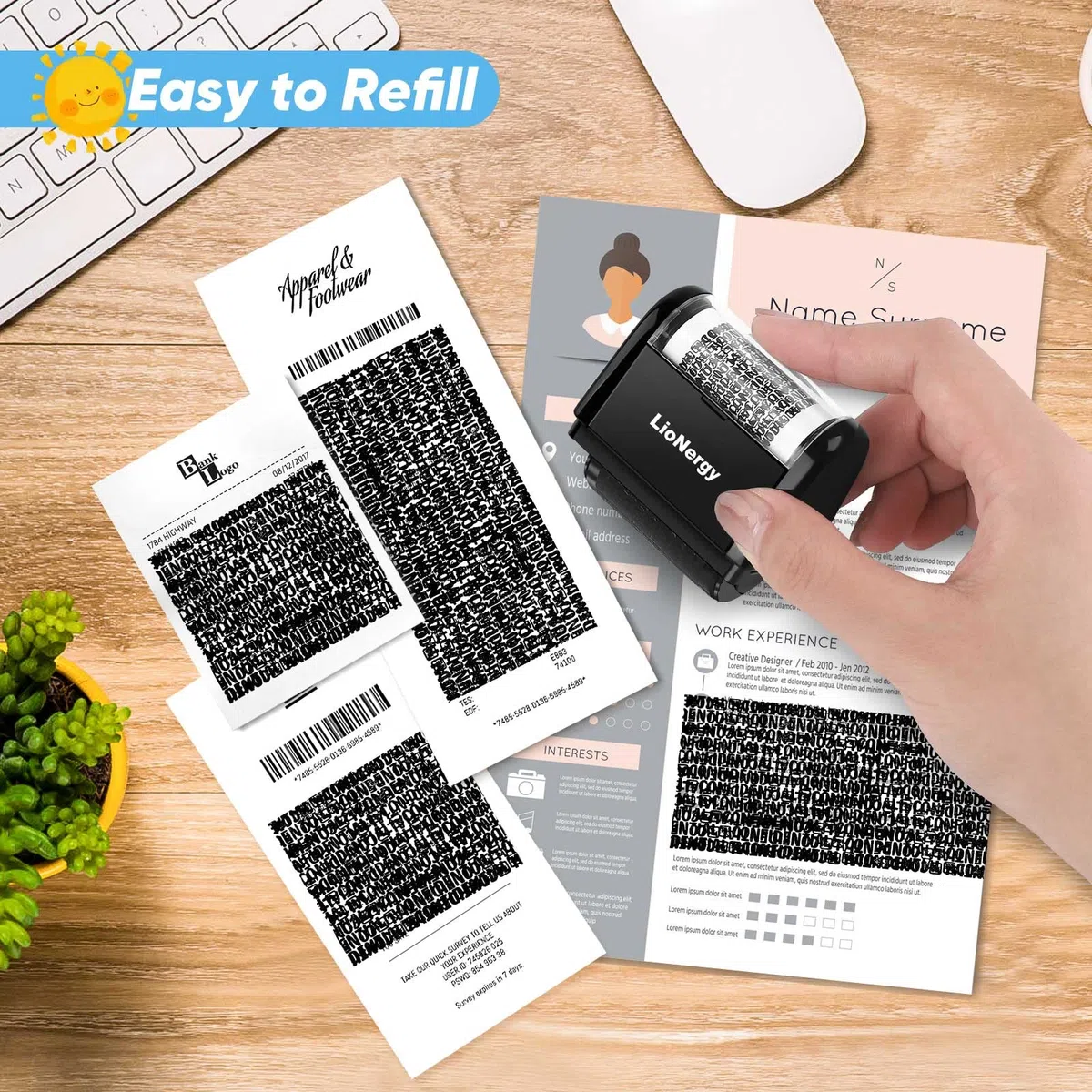 Identitätsschutz-Rollstempel LioNergy 1,5-Zoll-Roller Identitätsdiebstahl-Prävention Sicherheitsstempel mit 3 Nachfüllpackungen – Schwarz