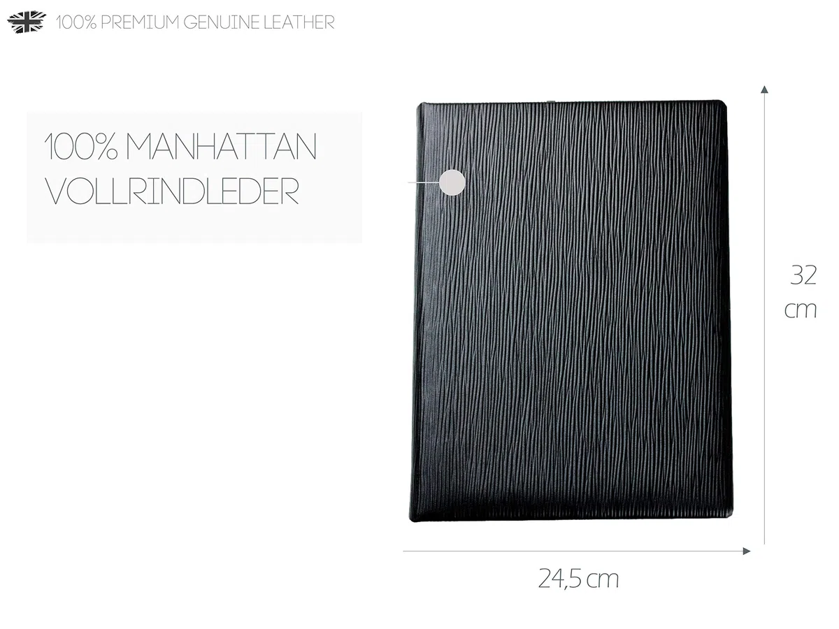 DELMON VARONE - Personalisierbare Tablet Schreibmappe DIN A4 aus Premium Manhattan Leder schwarz, Organizer Konferenzmappe mit Notizblock, Stifthalterung und Magnetlasche, Echtleder Geschäftsmappe
