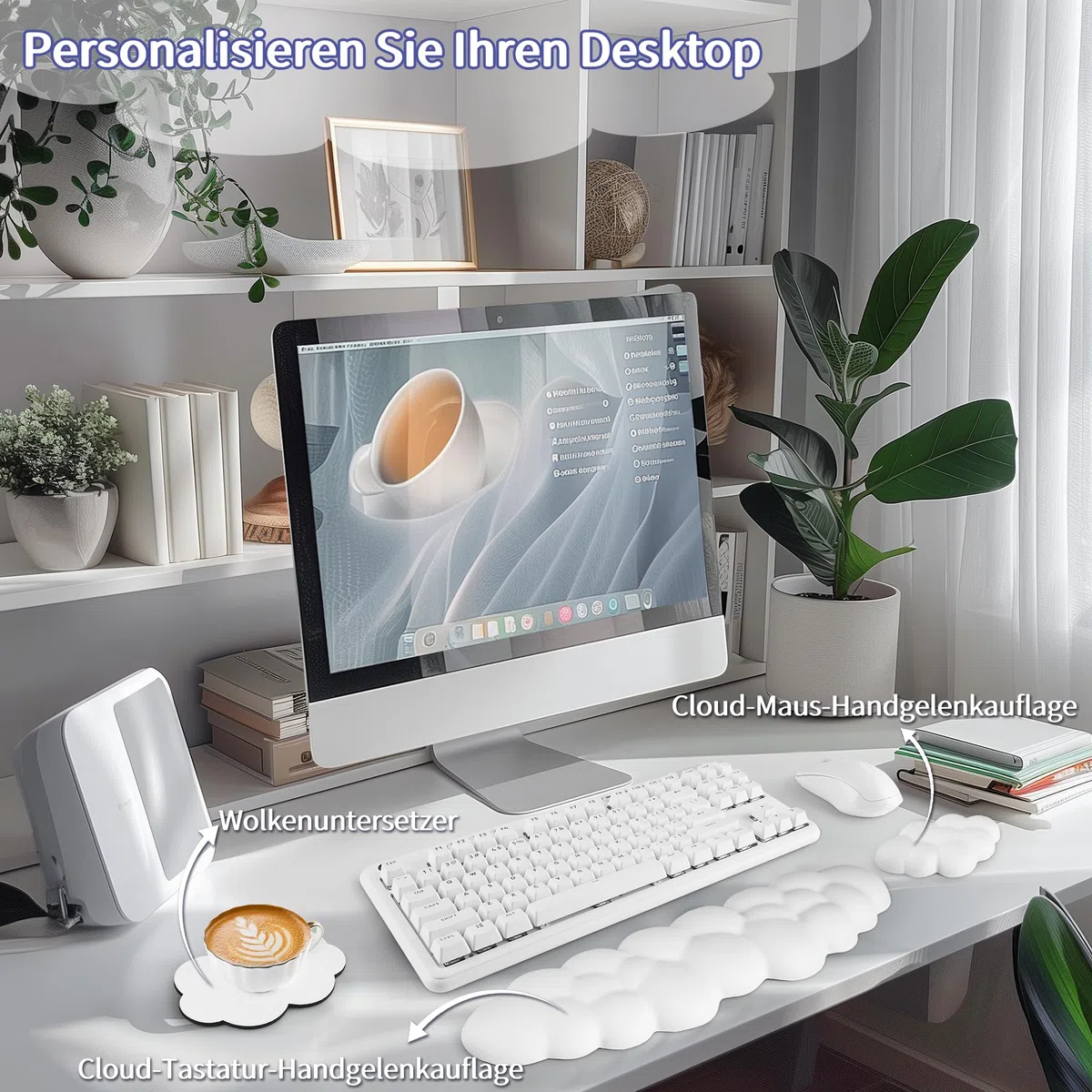 Sushret Wolkenförmige Handballenauflage für Tastatur, ergonomische Tastatur-Handauflage aus PU-Leder mit Memory-Schaum gegen Müdigkeit, Schreibtisch Zubehör für Büro, PC & Gaming – Weiß