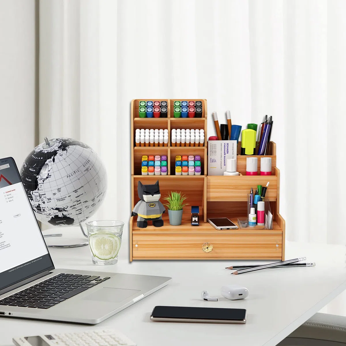 Schreibtisch Organizer aus Holz,Stiftehalter Schreibtisch mit Schublade,Multifunktionaler Büro Organizer,für Stifte Büro Zuhause Schule. (B17-Braun)
