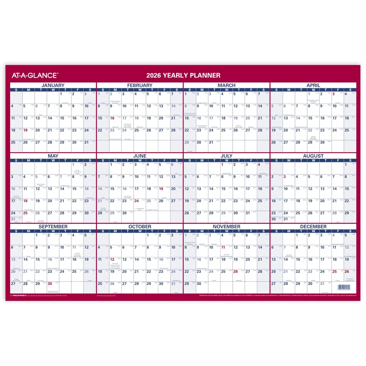 AT-A-GLANCE 2026 radierbarer Kalender, trocken abwischbarer Wandplaner, 91,4 x 61 cm, groß, vertikal, horizontal, wendbar (PM26B2826)
