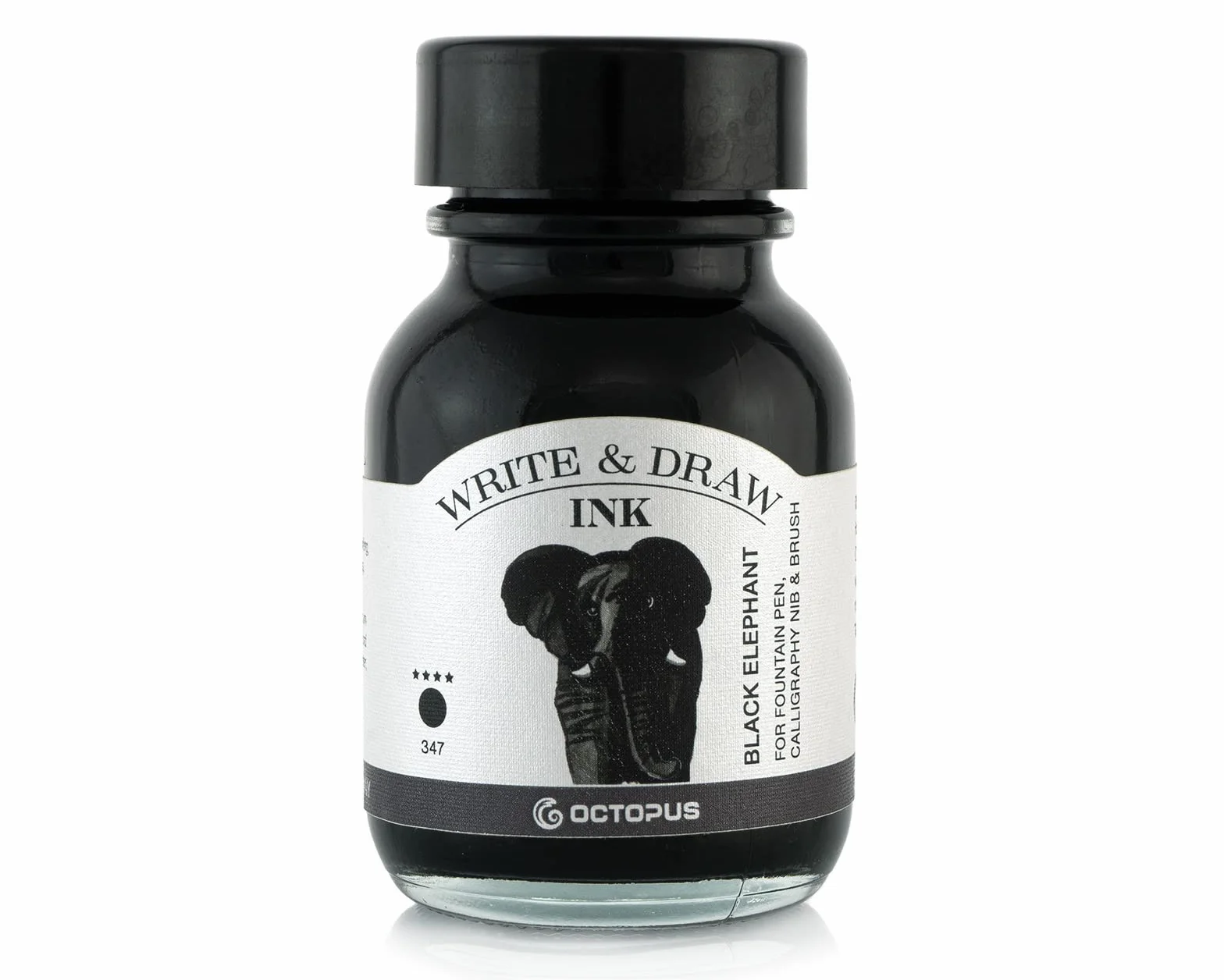 Octopus Write and Draw Ink 347 Black Elephant, wasserfeste Tinte zum Schreiben und Zeichnen, Kalligraphietinte, lichtechte Zeichentusche für Füllhalter, schwarz, 50 ml