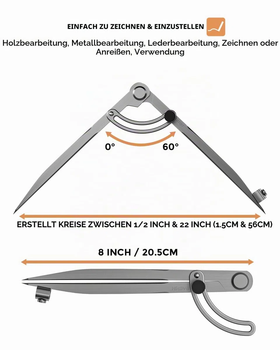 Nicpro Zirkel Metall 20.3 cm/8 Zoll,Professioneller Schnellverstellzirkel, Zirkel mit Bleistifthalter für Geometrie, Lederverarbeitung,Bleistiftzirkel für Tischler, Zeichnen Kompass