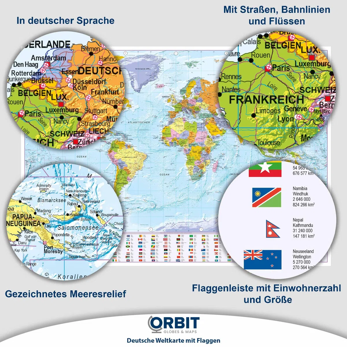 ORBIT Globes & Maps - Weltkarte XXL - Top-Aktuell 2026, deutsch, 136 x 96 cm, Maßstab 1:30 Mio mit seidenmattem Schutzlack inkl. Flaggenleiste