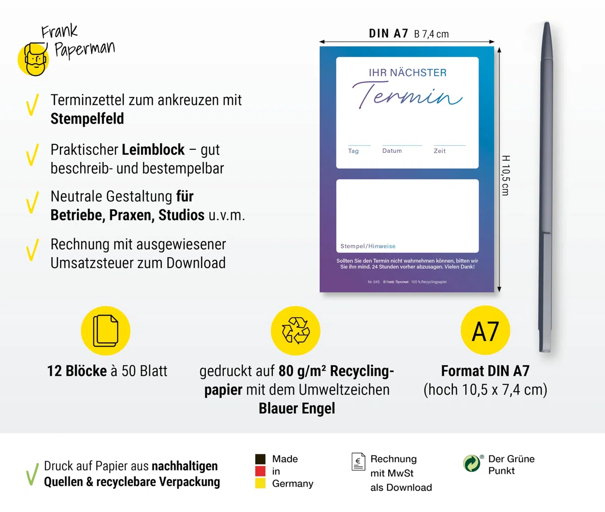 600 Terminzettel Praxis | 12 x Terminblock à 50 Blatt | blau | 1 Termine pro Zettel | für Ärzte, Heilpraktiker, Physio, Massage, Studios u.v.m.