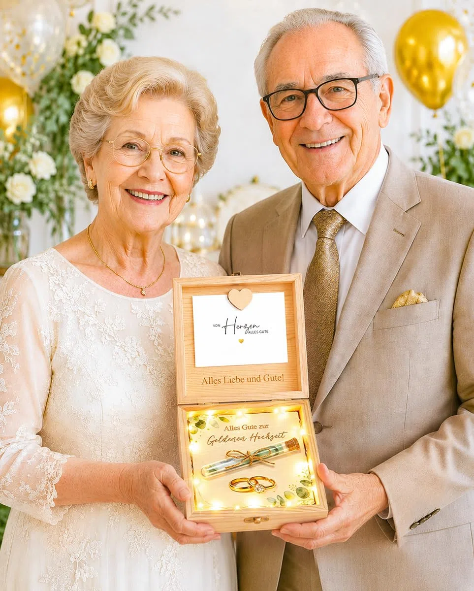 Goldene Hochzeit Geschenke, 50 Jahrestag Geschenk, Geldgeschenke Verpackung Goldene Hochzeit Geschenkbox Holz mit LED Lichterkette, Geschenke Eltern