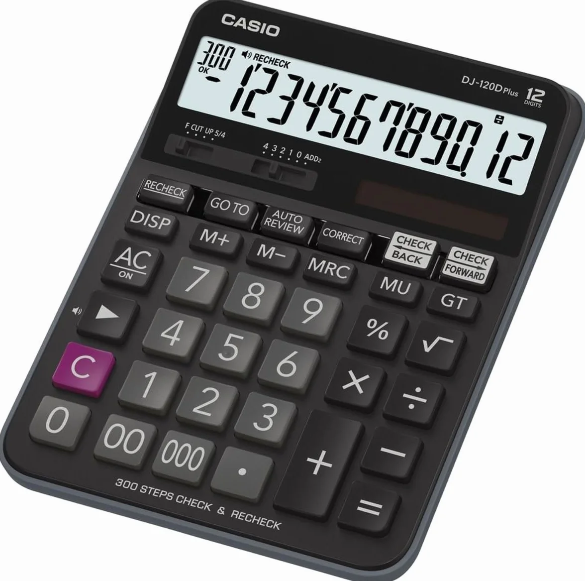 CASIO Tischrechner DJ-120DPLUS, 12-stellig, Gesamtsummen-Speicher, Rundungseinstellung, Solar-/Batteriebetrieb