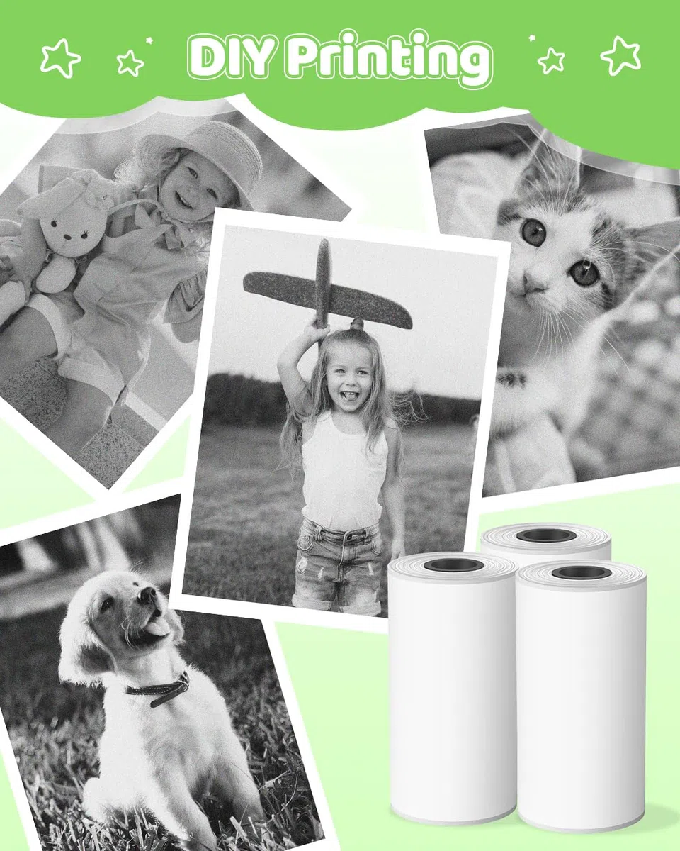 T02 Thermopapier Kinderkamera für Kinder Sofortbildkamera Kompatibel mit GREENKINDER/HiMont/Hangrui/Gofunly/ORGSTA S002/M02 Pro/M02X Mini Thermodrucker Klebend Etikettenpapier, Weiß, 10 Rollen
