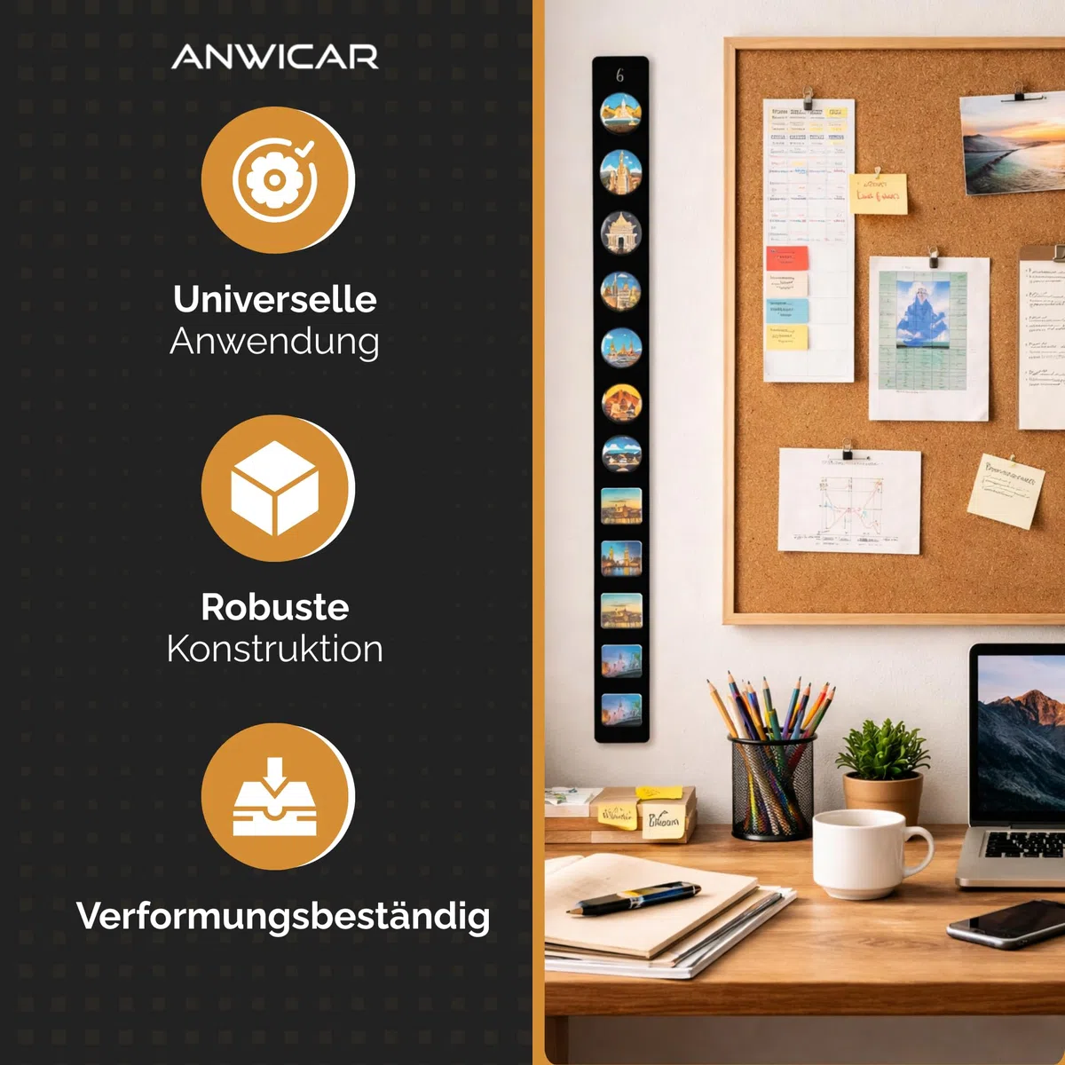 Magnettafel - Magnetische Pinnwand - ideal für Magnete und Notizen - magnetisches Whiteboard - beschreibbare Tafel - inkl. Montageset - 50x6 cm - Schwarz
