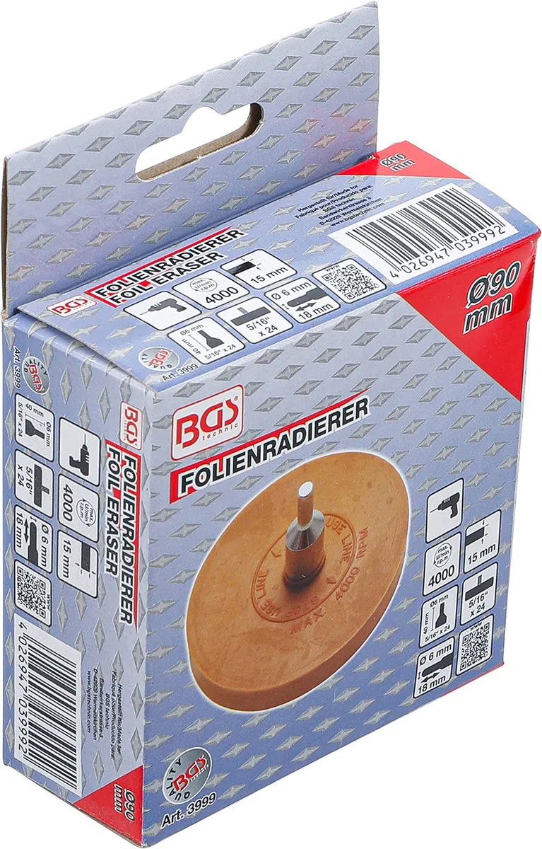 BGS 3999 | Folienradierer | Ø 90 mm | inkl. Adapter | für Bohrmaschinen, Akku-Schrauber, Geradschleifer (Packung mit 2)
