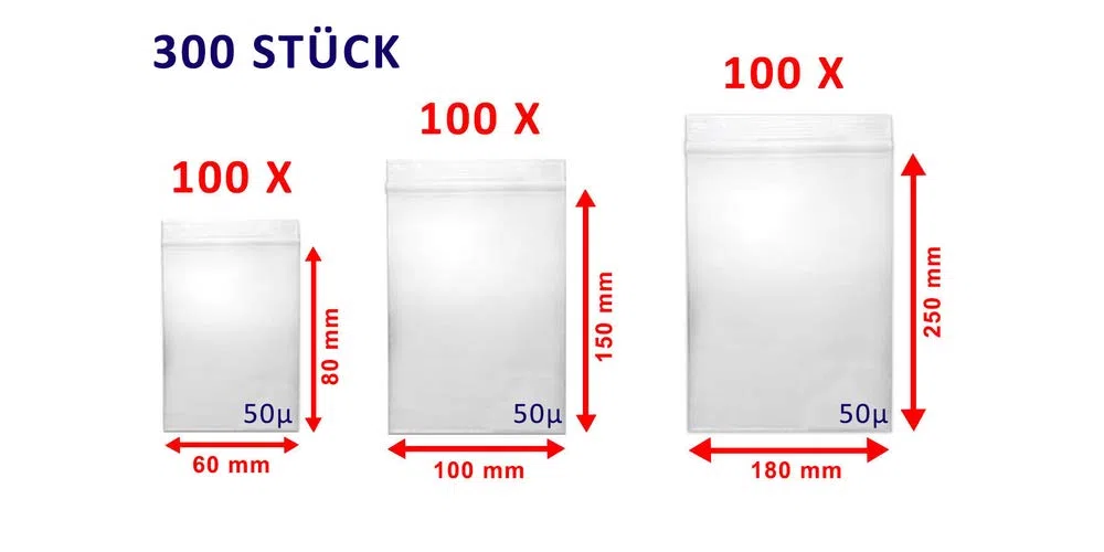 kleine Druckverschlussbeutel 50my Set 300 Tüten je 100 Stück 60x80 | 100x150 | 180x250 je 100 Stück Zip-Beutel wiederverschließbar Einwegtüten wasserdicht