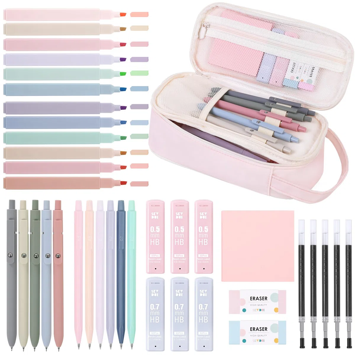 SKYDUE Schulbedarf, Federmäppchen mit 12 Pastell-Textmarkern, 5 schwarzen Gelstiften, Druckbleistiften, College-Essentials, Studenten, Schreibwaren-Set, Rosa, 38-teilig