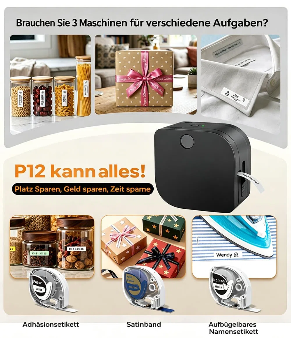 Phomemo P12 Etikettendrucker : Bluetooth Beschriftungsgerät Selbstklebend für Küche, Gewürzgläser, Vorratsdosen, Kleidung, Wasserfest, Haushaltsorganisation, Geschenk für Hausfrauen & Eltern