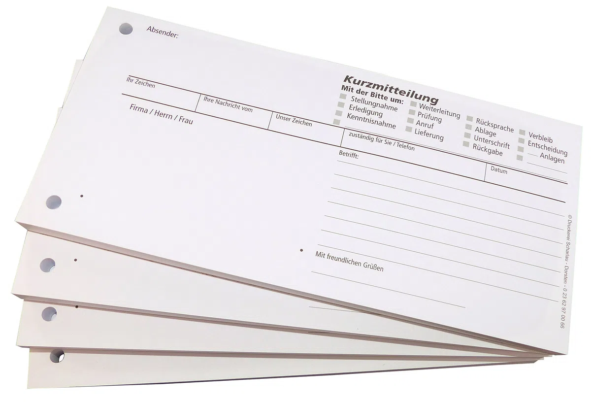 4x Block Kurzmitteilung - SD 2 x 50 Blatt, selbstdurchschreibend 10 x 21cm, gelocht - cb weiß 60 + cf grün 57cm (22610)