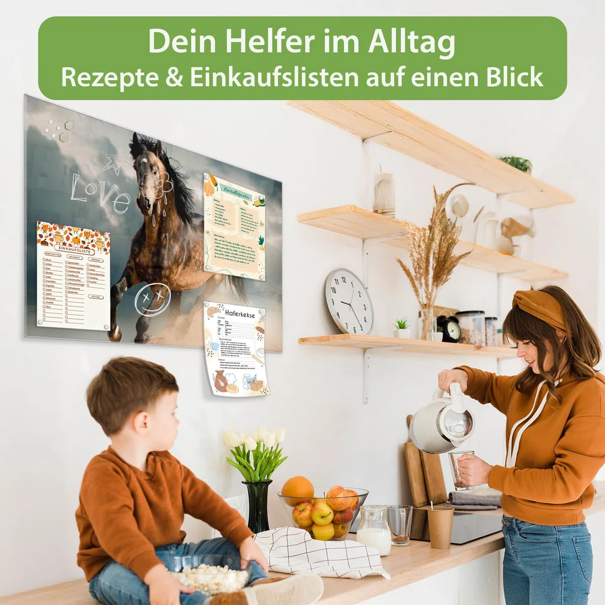 banjado Magnettafel aus Glas in 90x60cm für Notizen mit Pferdemotiv