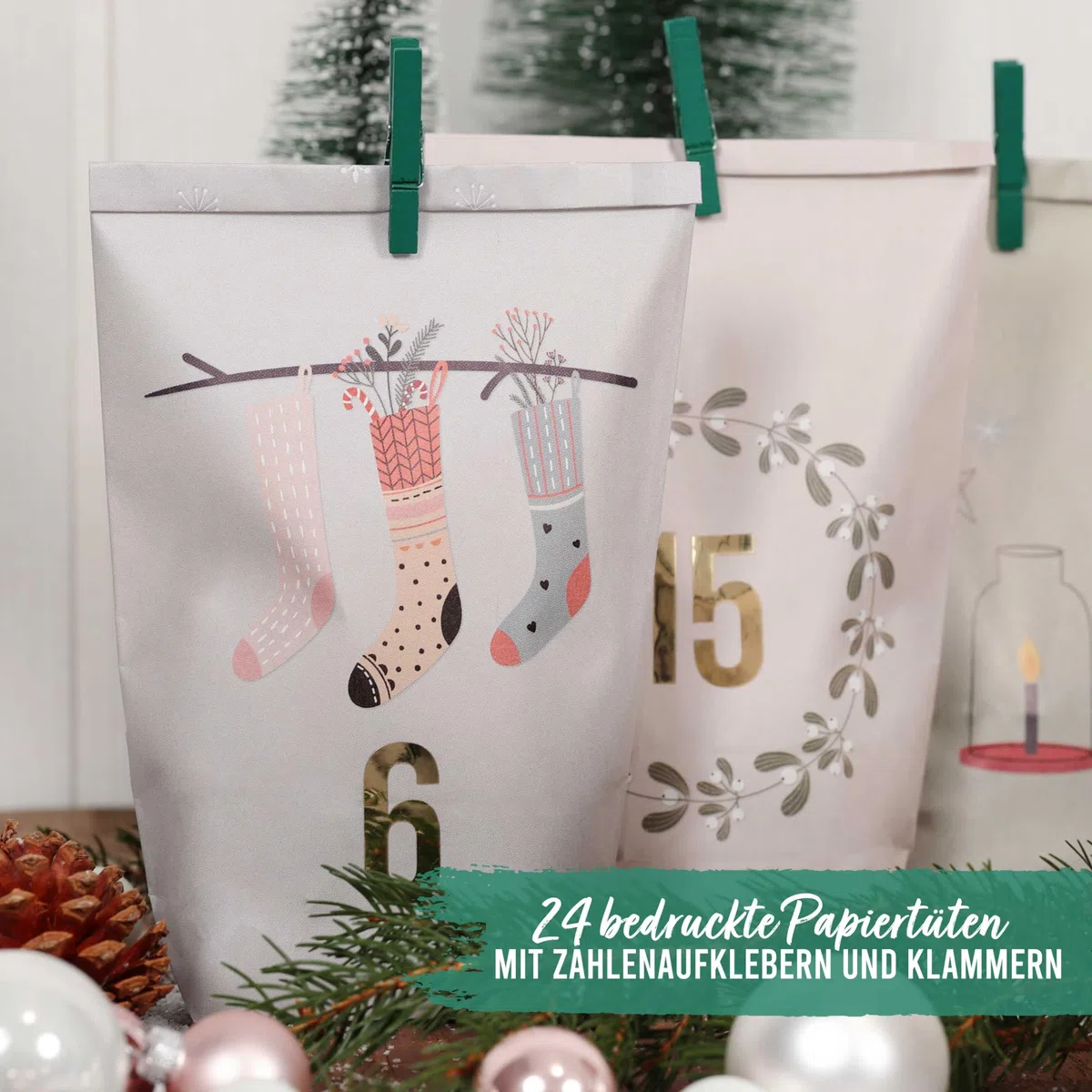 Papierdrachen Adventskalender 2025 zum Befüllen - 24 pastellfarbene Geschenktüten mit Zahlenaufklebern - Motiv Hygge - DIY - zum Basteln - Weihnachten