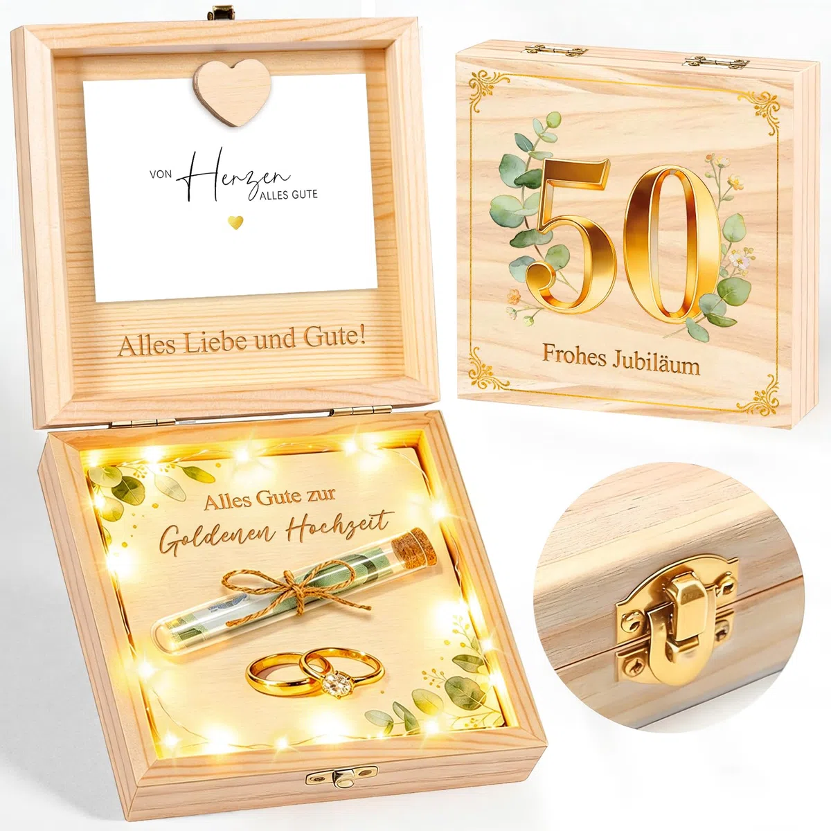 Goldene Hochzeit Geschenke, 50 Jahrestag Geschenk, Geldgeschenke Verpackung Goldene Hochzeit Geschenkbox Holz mit LED Lichterkette, Geschenke Eltern