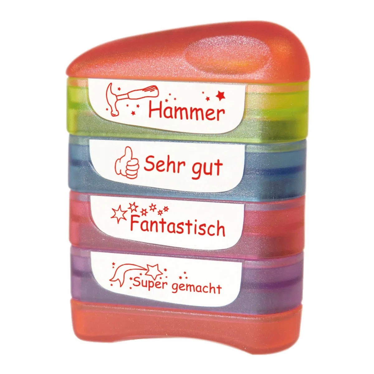 TimeTEX - "Perpetuum" Siebdruck-Stempel 4-in-1 "Hammer" | Wiederbefüllbarer Lehrerstempel für die Schule | 40x10 mm | ca. 5000 Stempelabdrücke | Stempelfarbe: rot