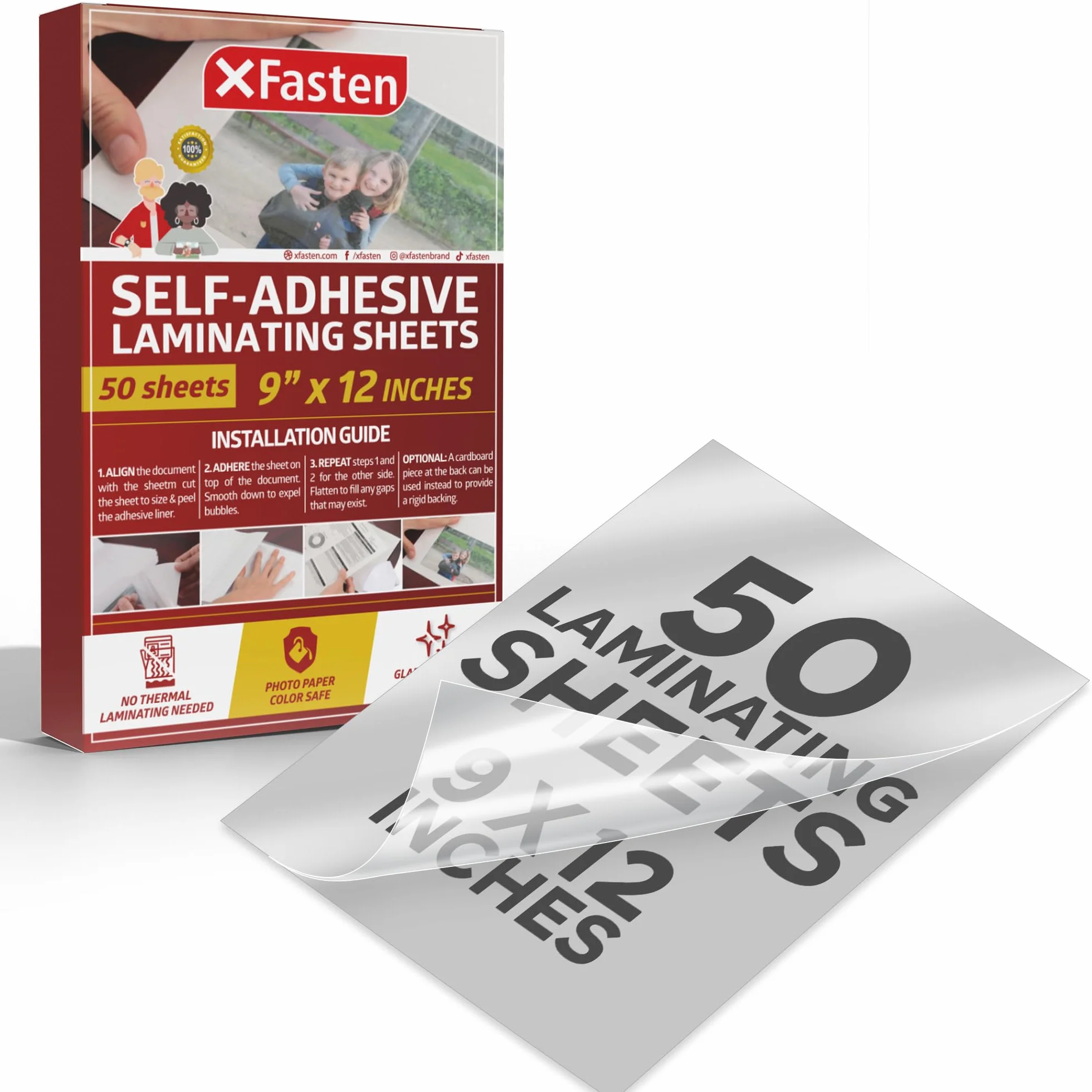 XFasten Selbstklebende Laminierfolien, 9 x 12 Zoll (50er-Pack), Dicke 4,76
