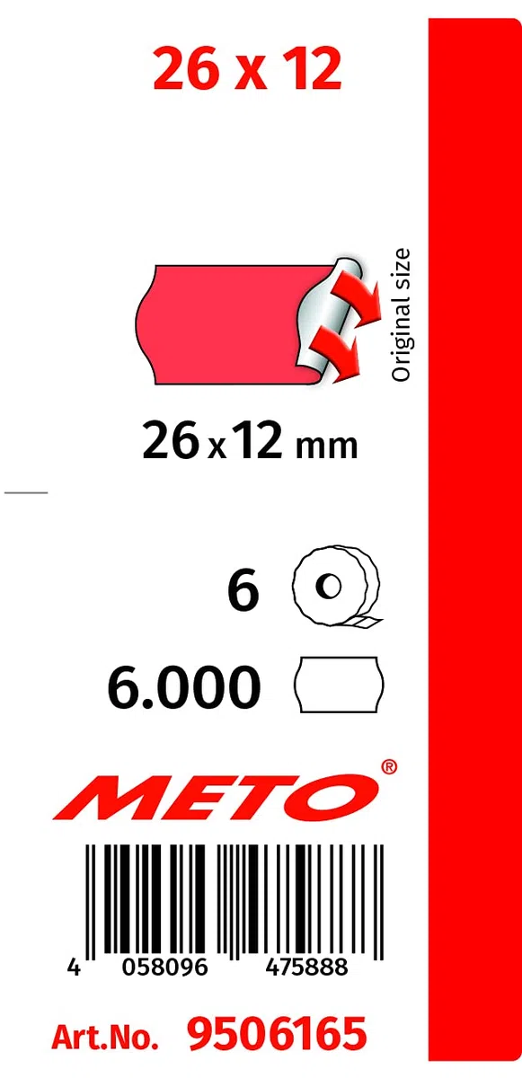 Original Meto Etiketten für Preisauszeichner (26x12 mm, 1-Zeilig, 6.000 Stück, fluor rot, permanent, Preisetiketten für Meto, Hutner, Avery, Contact, Sato, Tovel etc.)