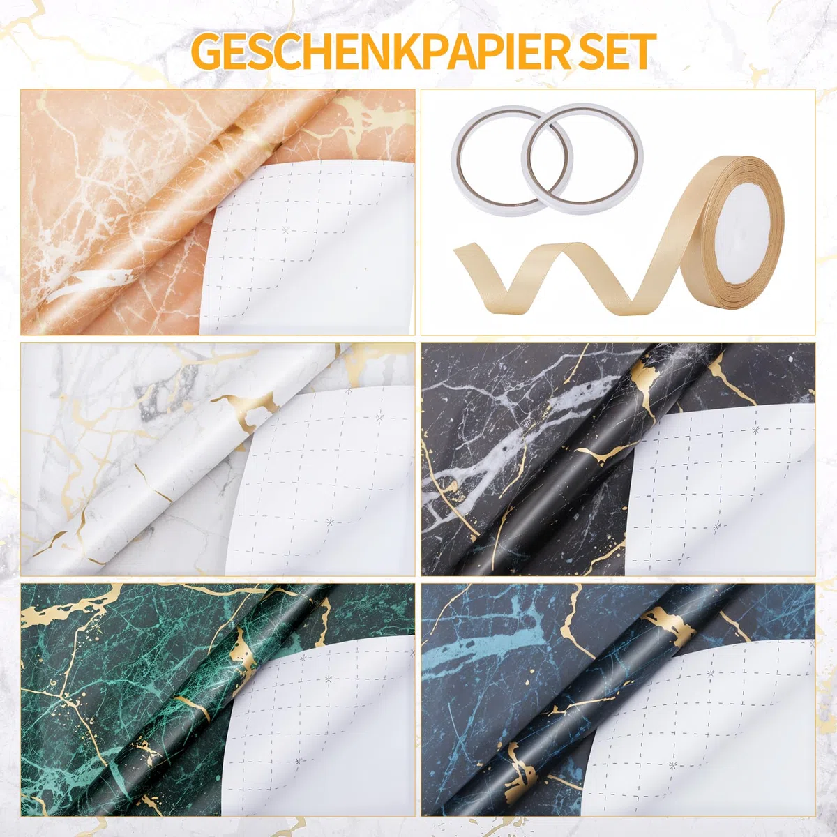 woric 5 Rollen Geschenkpapier Set, 43cm x 3m Geschenkpapier Geburtstag Marmor Geschenkpapierrolle mit Schleifenband Gold für Hochzeit Geburtstag