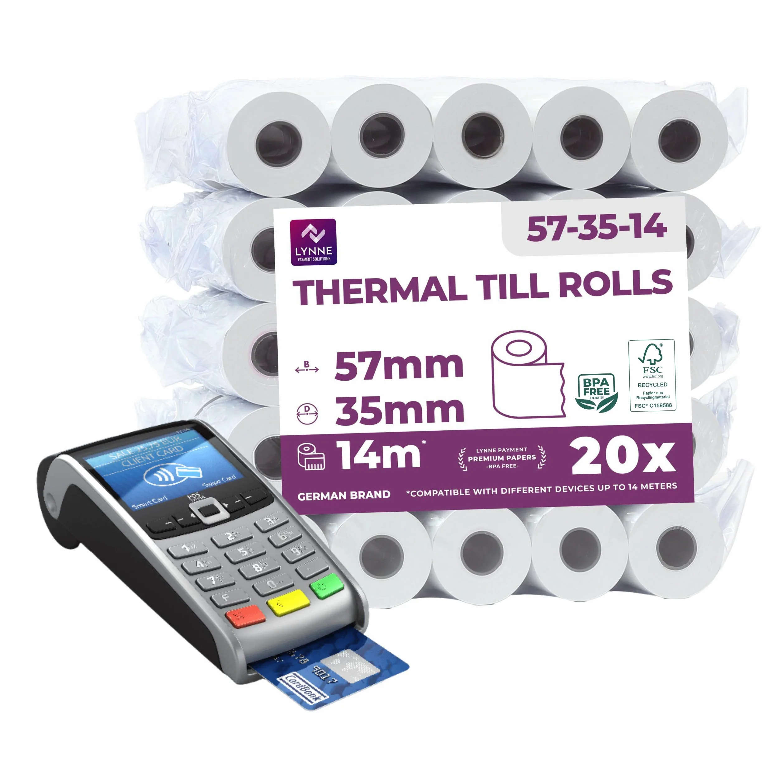 Ec-Cash Thermorollen 57mm x 14m x 12mm - Kassenrollen - Thermopapier - Bonrollen für Bankomat - Kredit-Kartenlesegeräte (57x35x12) (20 Rollen)