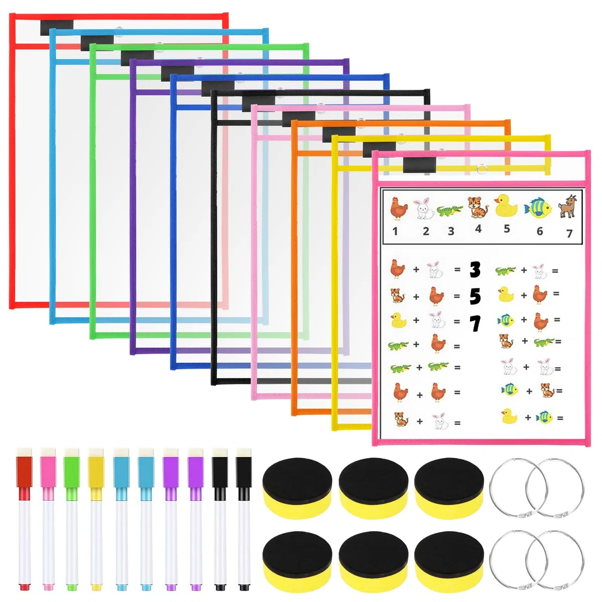 Dry Erase Taschen Set Enthalten 10 Stück Wiederverwendbare Trocken Abwischbare Durchsichtige Tasche, 10 Löschbare Stifte, 6 Radiergummi und 4 Metallösen für Büro und Schule