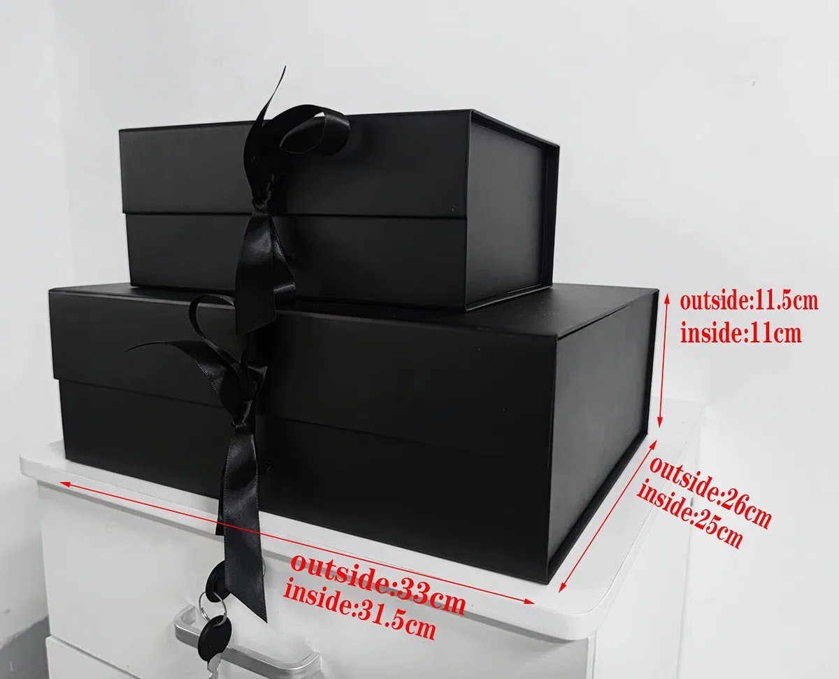 Schwarz Geschenkbox 33x26x11cm, Geschenkkarton mit Magnetisch Deckel und Schleife für Hochzeiten, Weihnachten, Geburtstage, Jubiläen Geschenkverpackung Box