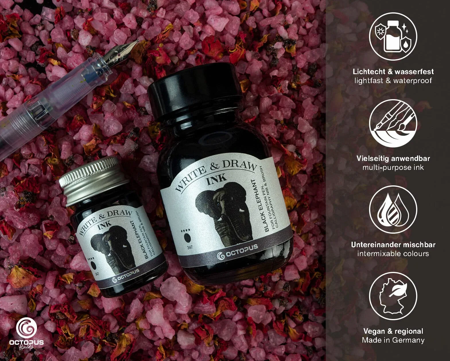 Octopus Write and Draw Ink 347 Black Elephant, wasserfeste Tinte zum Schreiben und Zeichnen, Kalligraphietinte, lichtechte Zeichentusche für Füllhalter, schwarz, 50 ml